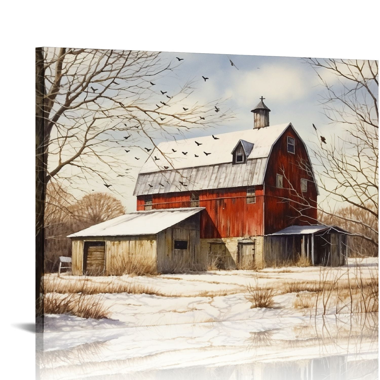 Nawypu Red Barn Pictures Wall Art Decor Snowy Barn House Winter ...