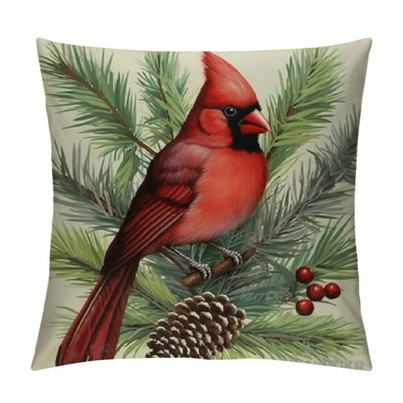 Nawypu  Red Birds Decorative Throw Pillow Cover, Pine Cones Berry Cushion Case Decor, Winter Holiday Quote Pillowcase Decorations for Sofa Couch