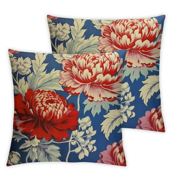 Nawypu  Red and Blue Chinoiserie Floral Peony Sofa Pillow Cover Watercolor Navy Blue Red Flower Euro Sham Pillow Chinoiserie Chic Pillows Home Decorative Throw Pillow for Chair 2pcs