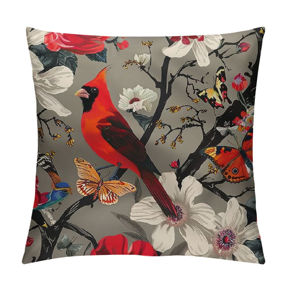 Awypu Red Cardinal Bird Throw Pillow Covers Cherry Blossom Pillow Cases Decorative Square