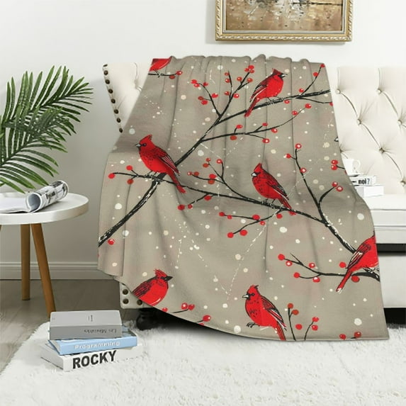 Nawypu Red Cardinal Blanket Retro Cute Bird Sitting on The Snowy Branch with Berries Throw Blankets Gifts for Adult Lightweight Soft Cozy for Sofa Couch Bed Room Party Decor