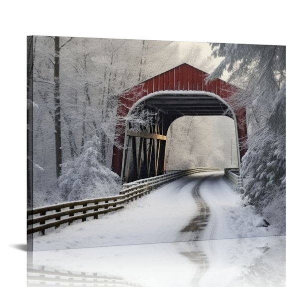 Nawypu Red Covered Bridge In The Winter; Canvas Wall Art Print, Countryside Artwork