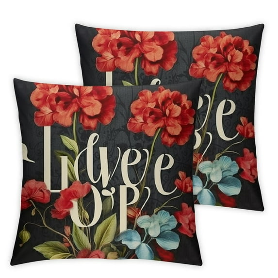 Nawypu Red Geranium Flower Decorative Throw Pillow Covers 2pcs Sweet Home Floral Bloom Spring Summer Cushion Case Decor, Live Laugh Love Plant Botanical Decoration for Sofa Couch