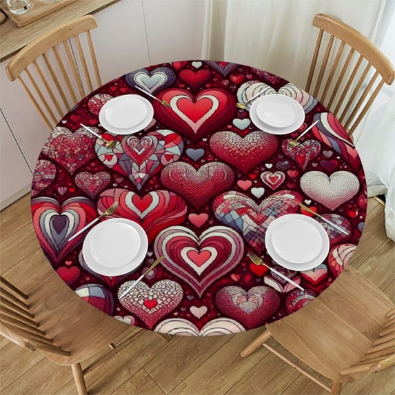 Nawypu Red Heart Valentin's Day Round Tablecloth, Fitted Round Table Cloth with Elastic Edge Wipeable Table Protector for Indoor Outdoor Party Picnic