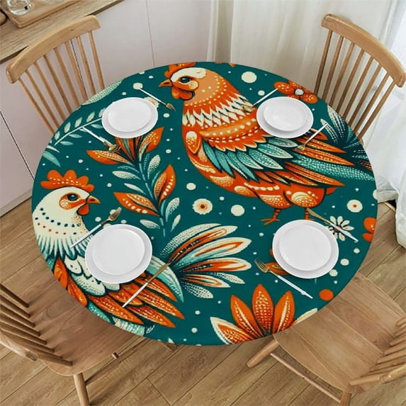 Nawypu Red Hens Pattern Round Fitted Tablecloth Elastic Edge Waterproof Oil-Proof Table Cover Stain-Resistant Table Cloth Fits Round Tables