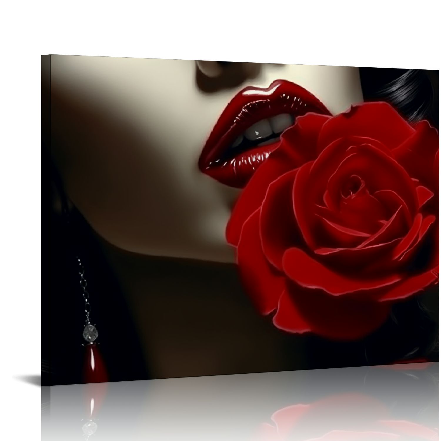 Nawypu Red Lips Woman Canvas Wall Art Fashion Girl with Rose Picture ...