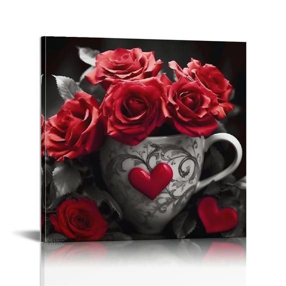 Nawypu Red Rose Canvas Wall Art for Bedroom Decor Flower Prints Pictures Kitchen Bathroom Home Decorations Black and Red Office Poster Paintings 16x16 inch Friends Lover Gift