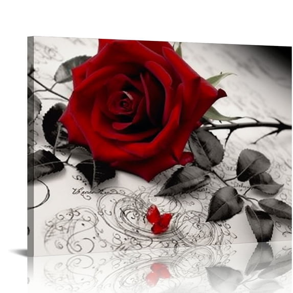 Nawypu Red Rose Canvas Wall Art for Bedroom Decor,Red and Black Wall Decor Floral Artwork Flower Painting Picture for Bathroom Wall Decoration Ready to Hang