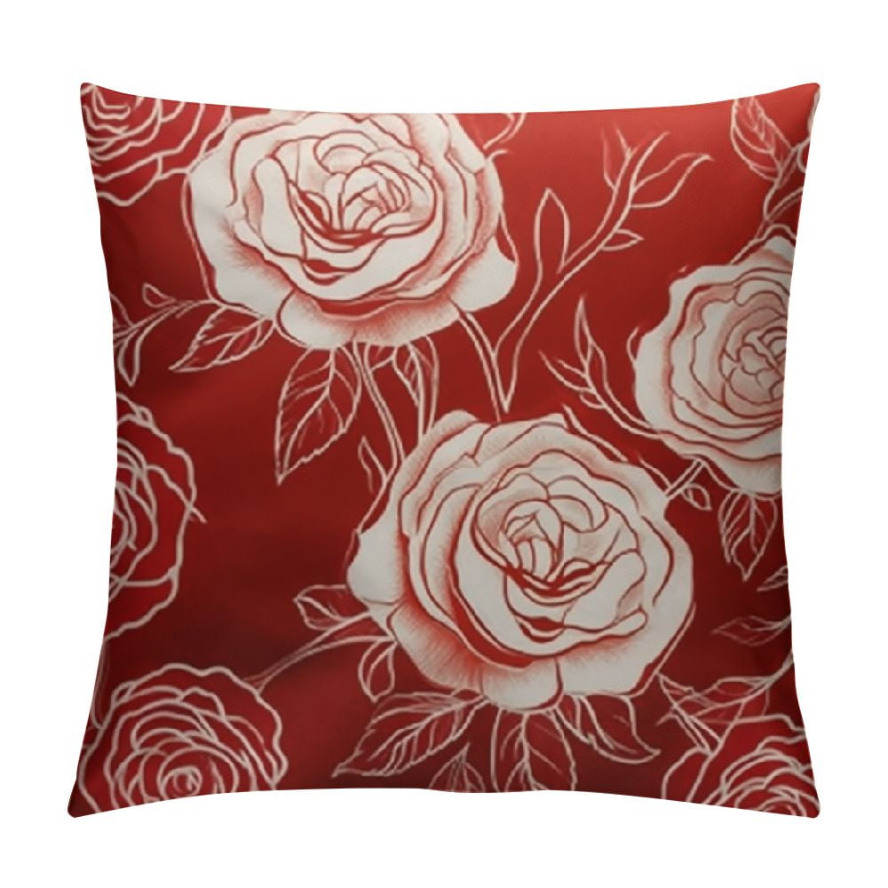 Nawypu Red Rose Pillow Cover, Romantic Art Line Drawing Flower Petals Throw Pillowcases