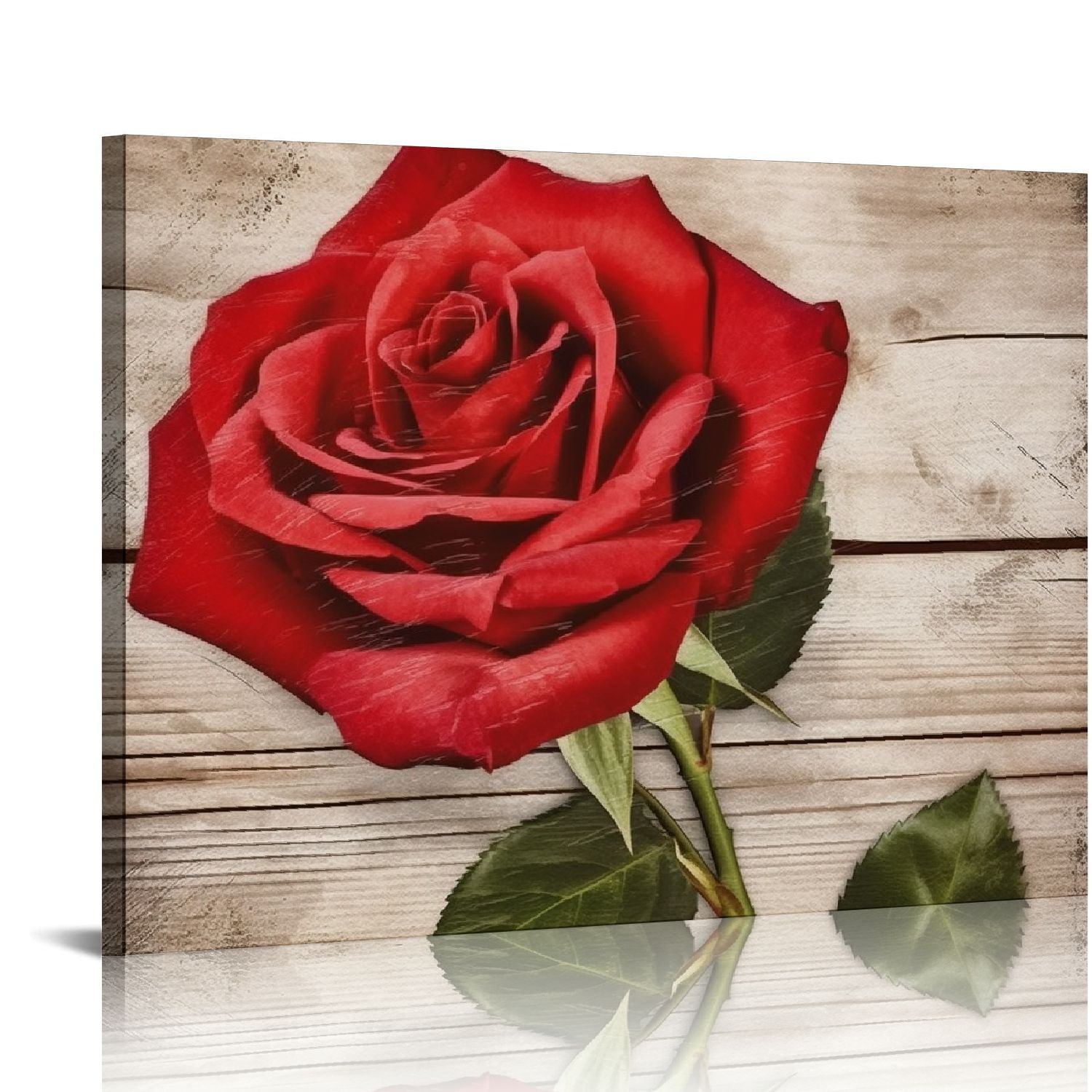 Nawypu Red Rose With Wood Grain Wall Art Flower Picture Canvas Posters Print Modern Floral