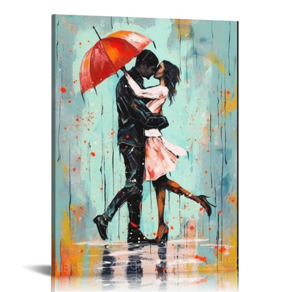 Nawypu Red Umbrella Wall Art Couple Dancing in Rain Canvas Painting