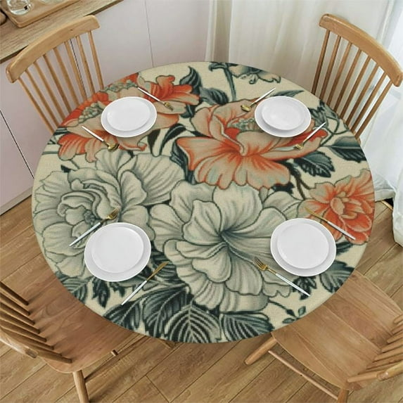 Nawypu Red Vintage Flower Elastic Edged Round Fitted Table Cloth Cover, Waterproof Round Tablecloth, Home Decorative Tablecloth for Indoor Outdoor Kitchen Party