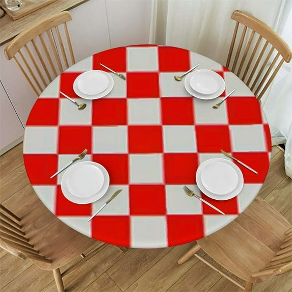 Nawypu Red White Checkered Fitted Round Tablecloth with Elastic Edge Waterproof Table Cover Plaid Table Cloths Modern Tables Decoration for Dining Table,Picnic,Party