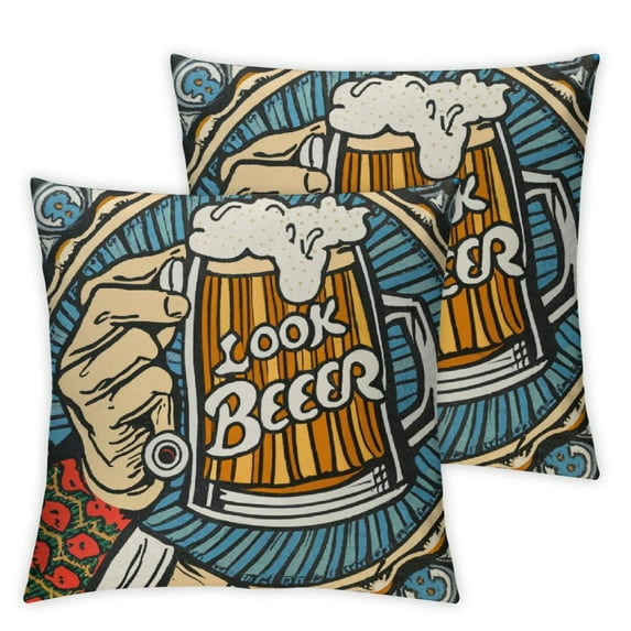 WERPE Retro Beer Pattern Throw Pillow Case Funny Letters Saying Decorative Cushion Cover Best Gift for Beer Lovers 2pc