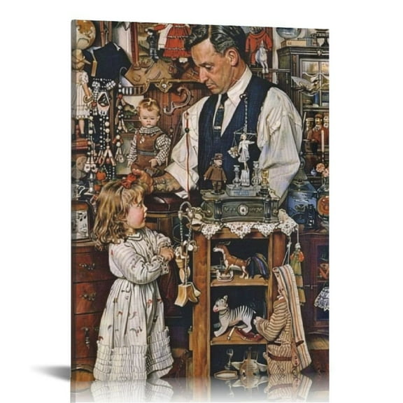 Nawypu Retro Classic Oil Painting Norman Rockwell Fun Art Poster April Fools' Day Girl And Shop Owner Canva Wall Art Paintings Canvas Wall Decor Home Decor Living Room Decor Aesthetic
