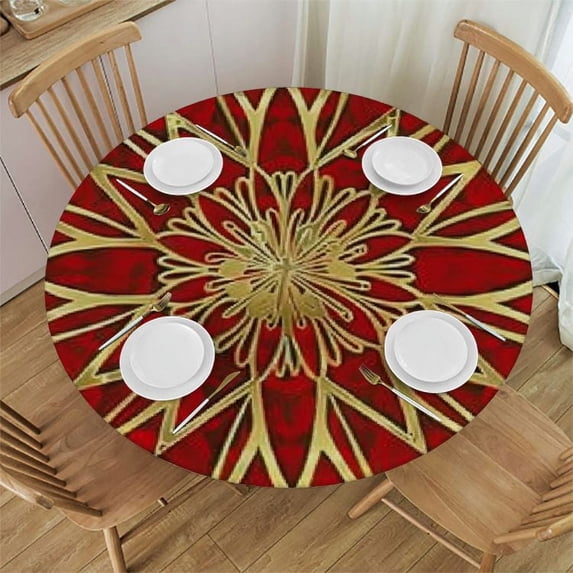 Nawypu Retro Datura Geometric Decoration Pattern Round Reusable Decorative Table Cover Abstract Polyester Round Dining Table Set Catering Party Holiday Tables Gold and Red