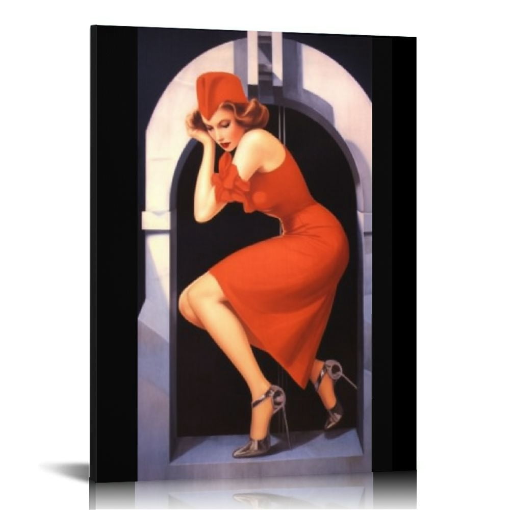絵画 NYpuppu2021 Nawypu Retro Pinup Girl CANVAS PRINT Vintage Poster Peek Paintings