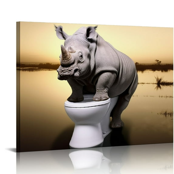Nawypu Rhino Sitting on The Toilet Pictures Paintings on Canvas Wall Art Stretched and Framed Ready to Hang for Home Decorations Funny Animal Grey Art Artwork Prints