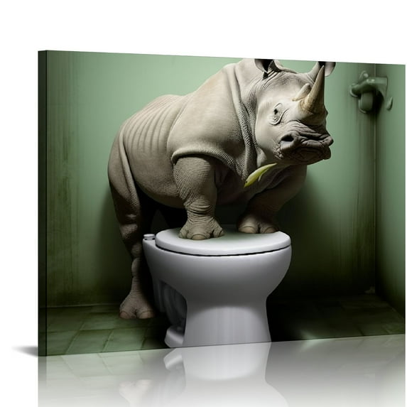 Nawypu Rhino Sitting on The Toilet Pictures Paintings on Canvas Wall Art Stretched and Framed Ready to Hang for Home Decorations Funny Animal Grey Art Artwork Prints