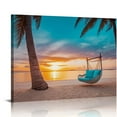 thumbnail image 1 of Nawypu  Romantic Beach Sunset Canvas Wall Art - Ocean Waves Prints Palm Tree with Lounge for Living Room, Bedroom, Bathroom - Framed Artwork Decorations for Easy Hanging 20x16 inch, 1 of 4
