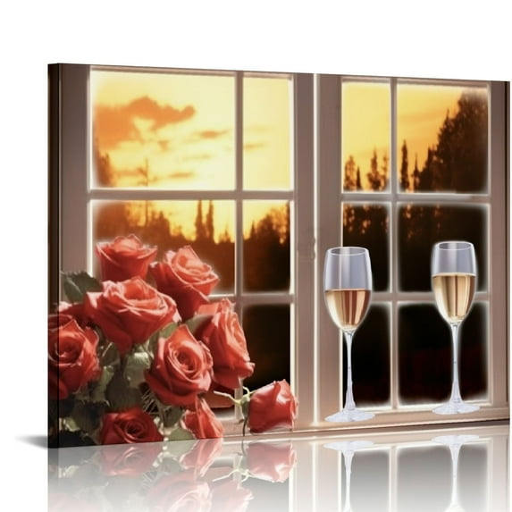 Nawypu Romantic candlelight dinner Window Frame Style Wall Art 3D Canvas Printed Window Frame Wall Art for Office, Living Room, Bedroom Home Decor