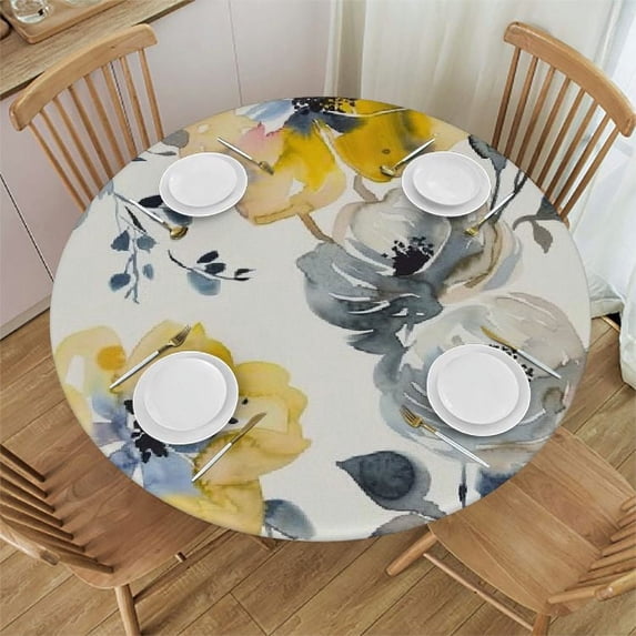 Nawypu Round Edged Table Cover , Waterproof Reusable Table Cloth Round Fitted Vinyl Tablecloth with Edged for Parties Outdoors, Summer Abstract Watercolor Flowers Yellow