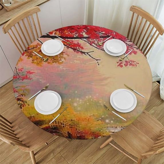 Nawypu Round Fabric Tablecloth Landscape Round Table Cover Dark Coral Green Table Cloth Cover Oil Proof Spill Proof Wipeable for Kitchen Dining, Party, Outdoor