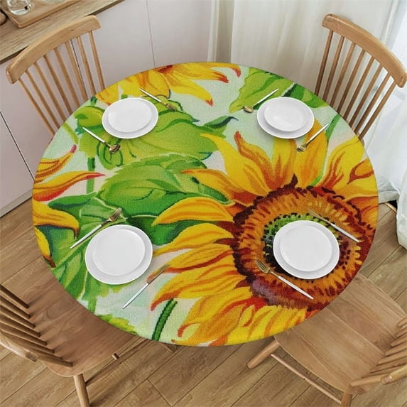 Nawypu Round Fitted Elastic Table Cover with Elastic Edge Summer Sunflower Print Table Cover Waterproof Wipeable Table Cloths for Round Tables, Ideal for Picnic, Patio,Multi-Size