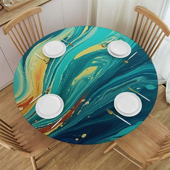 Nawypu Round Fitted Tablecloth Abstract Teal and Blue Marble Print Table Cloth with Elastic Edged Waterproof Wipeable Round Table Cover for Patio Parties Outdoor Decor