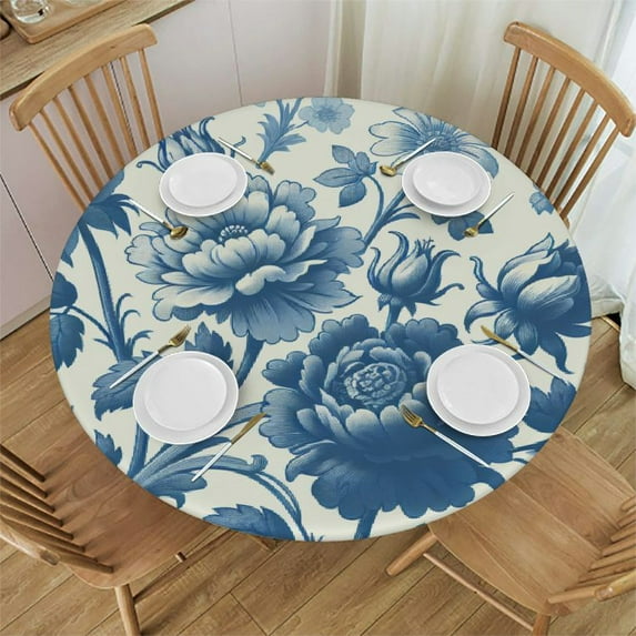Nawypu  Round Fitted Tablecloth Blue Flower Floral Round Table Cloth with Elastic Edged Vintage Waterproof Wipeable Table Cover