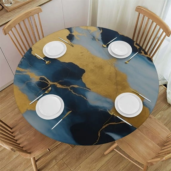 Nawypu Round Fitted Tablecloth Blue Golden Marble Print Table Cloth with Elastic Edged Waterproof Wipeable Round Table Cover for Patio Parties Outdoor Decor