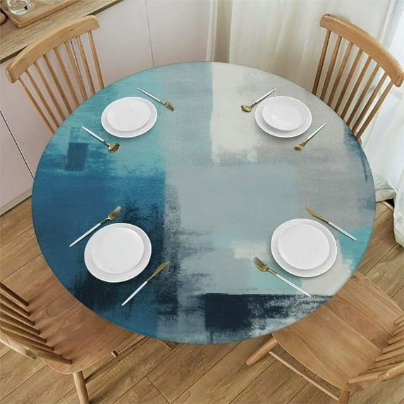 Nawypu Round Fitted Tablecloth Blue Teal Grey,Abstract Art Print Table Cloth with Elastic Edged Waterproof Wipeable Round Table Cover for Patio Parties Outdoor Decor