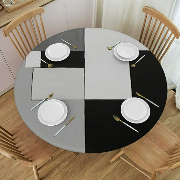 Nawypu  Round Fitted Tablecloth with Elastic Edged, Abstract Art Table Cloth for Dining Table Waterproof Oil Proof Table Cover for Indoor Outdoor Black Gray White Color Block