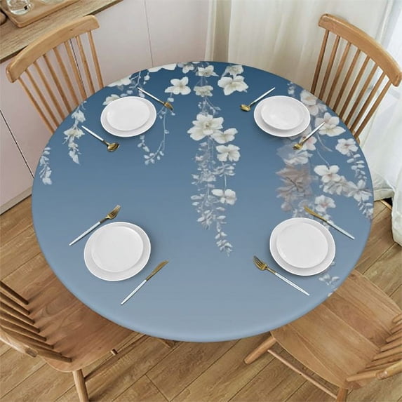 Nawypu Round Fitted Tablecloth with Elastic Edged, Draping Floral Table Cloth for Dining Table Waterproof Oil Proof Table Cover for Indoor Outdoor Blue Flower Romantic