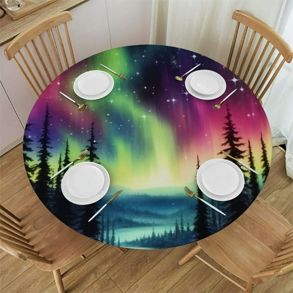 Nawypu Round Fitted Tablecloth Fantasy Forest Lights Galaxy Table Cloth with Elastic Edged Waterproof Wipeable Round Table Cover for Patio Parties Outdoor Decor