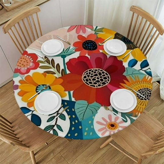 Nawypu  Round Fitted Tablecloth Flower Pattern, Elastic Edge,Waterproof Wipeable Round Table Cover for Family Kitchen,Multicolor,for Round Tables