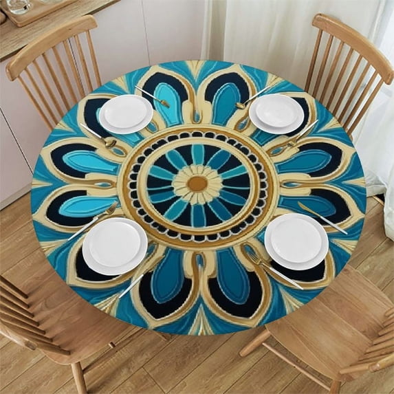 Nawypu Round Fitted Tablecloth Mexican Mandala Floral Damask Table Cloth with Elastic Edged Waterproof Wipeable Round Table Cover for Patio Parties Outdoor Decor