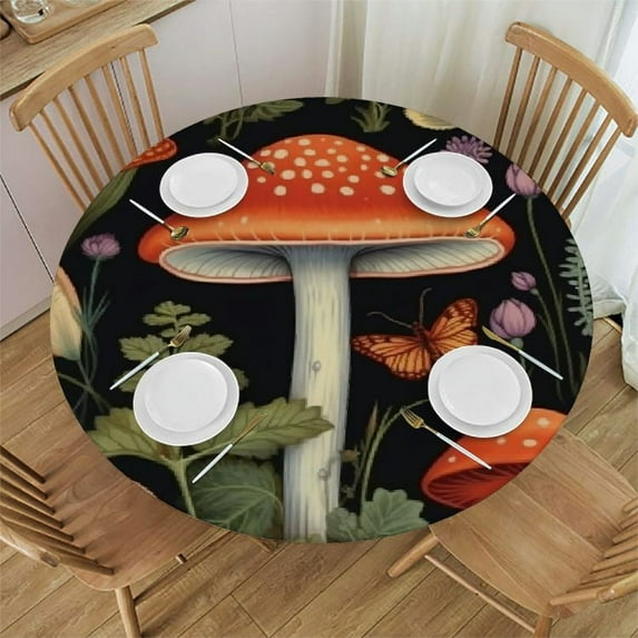 Nawypu Round Fitted Tablecloth Mushroom Leaves Butterfly Wild Plants Table Cloth with Elastic Edged Waterproof Wipeable Round Table Cover for Patio Parties Outdoor Decor