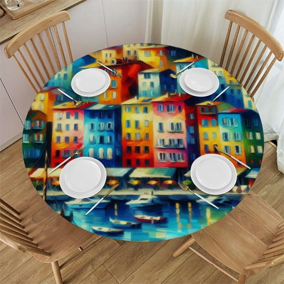 Nawypu Round Table Cloth,Italian Landscape Elastic Stretch Tablecloth for Dining, Kitchen, Wedding, Parties, Fits Tables
