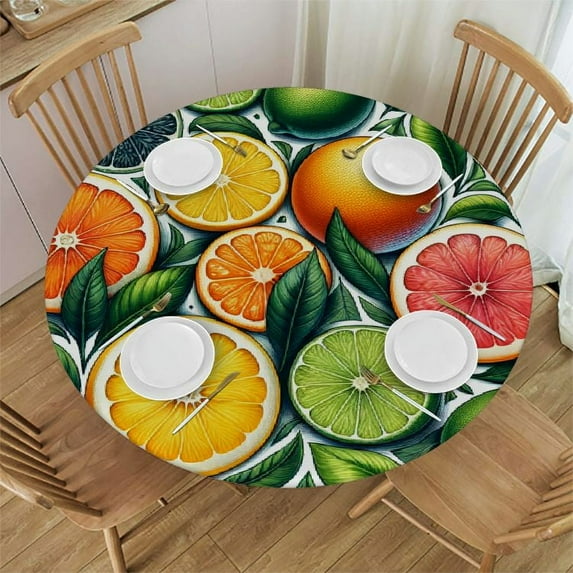 Nawypu Round Table Cloth,Lemonade Ingredients Citrus Fruits Lemon Lime Orange Elastic Stretch Tablecloth for Dining, Kitchen, Wedding, Parties