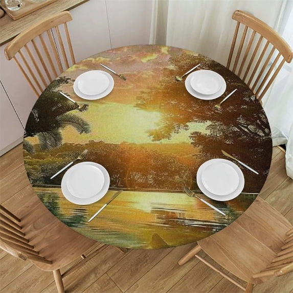 ONETECH Round Table Hawaiian Round Fitted Tablecloth with Elastic Orange Teal Round Table Cloths for Birthday Parties Table Decorations for Indoor Outdoor Kitchen Party