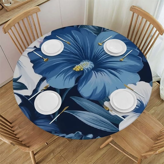 Nawypu Round Table Cover, Waterproof Reusable Table Cloth Round Fitted Vinyl Tablecloth with Elastic Edged for Parties Outdoors, Blue Tropical Palm Branches