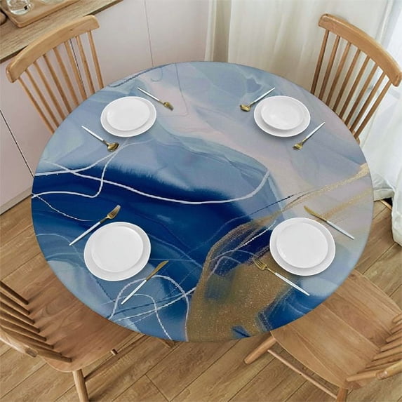 Nawypu Round Table Cover , Waterproof Reusable Table Cloth Round Fitted Vinyl Tablecloth with Elastic Edged for Parties Outdoors, Gradient Marble Texture Abstract Art Line