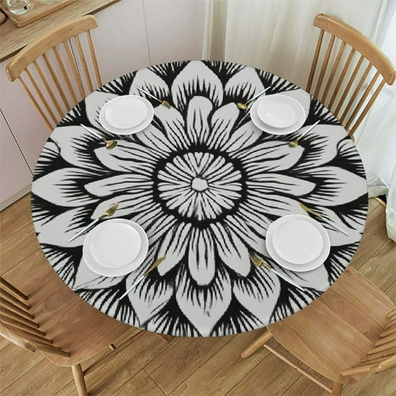 Nawypu Round Table Cover, Waterproof Reusable Table Cloth Round Fitted Vinyl Tablecloth with Elastic Edged for Parties Outdoors, White Mandala Pattern on Black Background