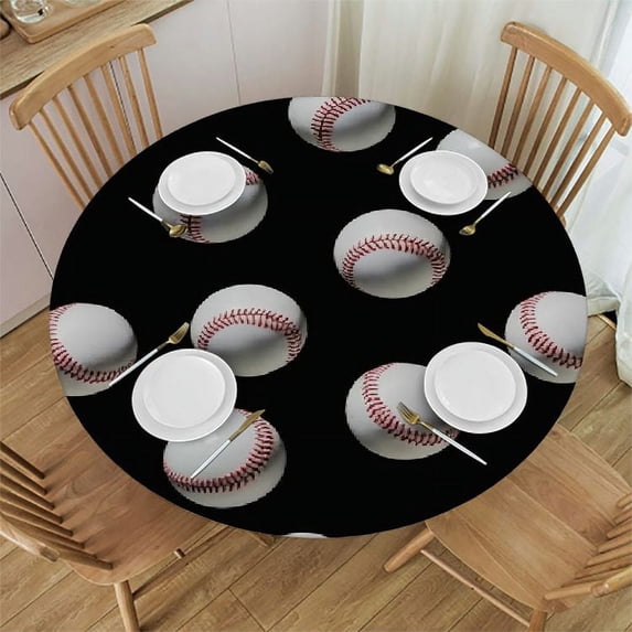 Nawypu Round Table Cover, Waterproof Reusable Table Cloth Round Fitted Vinyl Tablecloth with Elastic Edged for Parties Outdoors, Baseball Black