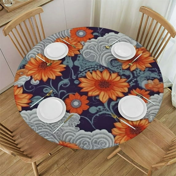 Nawypu Round Table Cover, Waterproof Reusable Table Cloth Round Fitted Vinyl Tablecloth with Elastic Edged for Parties Outdoors, Dahlia Fill Pattern