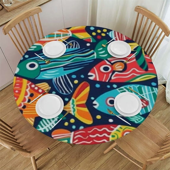Nawypu Round Tablecloth Colorful Fish Round Fitted Tablecloth with Elastic Edge, Waterproof Oil Proof Table Cloth Wipe Clean Table Cover for Indoor and Outdoor