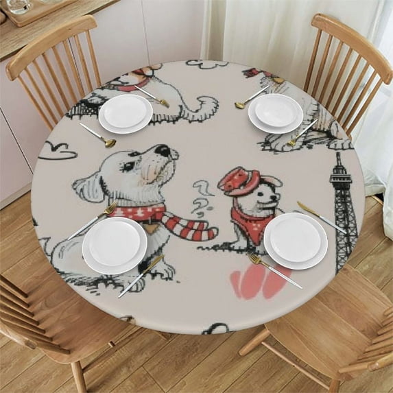 Nawypu Round Tablecloth Eiffel Tower and Dogs Round Fitted Tablecloth with Elastic Edge, Waterproof Oil Proof Table Cloth Wipe Clean Table Cover for Indoor and Outdoor