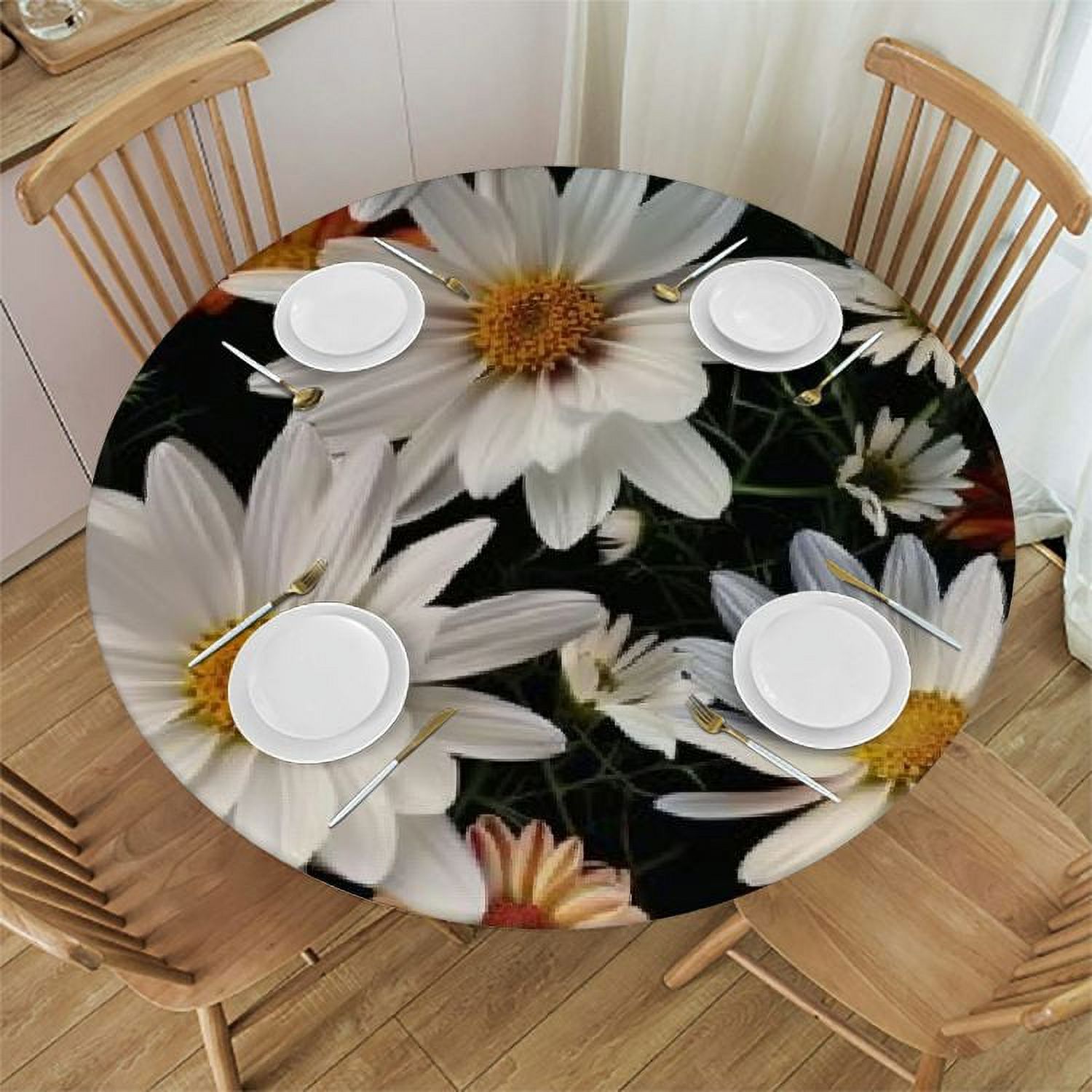 Round Vinyl Fitted Tablecloth With Elastic Edge - Stretchy Flannel-Backed Cover For Picnic & Dining Tables, Green Leaf