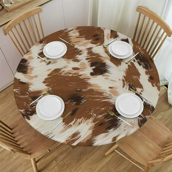 Nawypu Rustic Cowhide with Black and Brown Spots Fur Tablecloth Round Tablecloths Round Table Cover for Circular Table